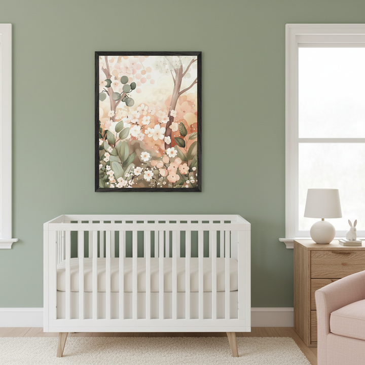 Modern nursery with a white crib. A framed print of a spring forest with blooming trees and flowers hangs centered above the crib on a green wall. A wood dresser with a lamp and a pink armchair are to the right.