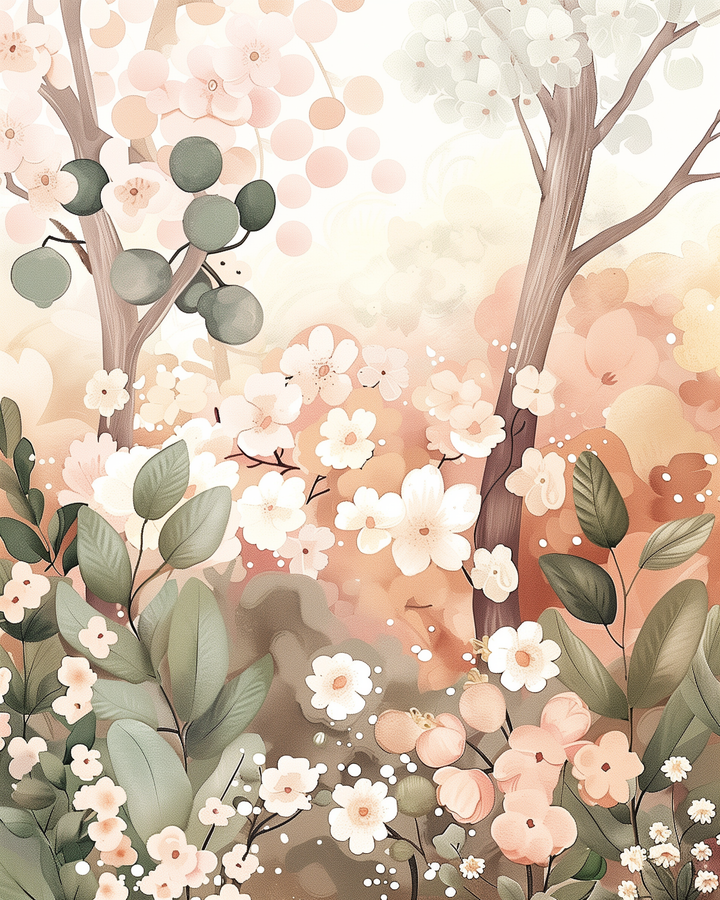 Lush and dreamy botanical illustration of delicate cream and peach-colored flowers, leafy green plants, and stylized trees in a warm pastel palette.
