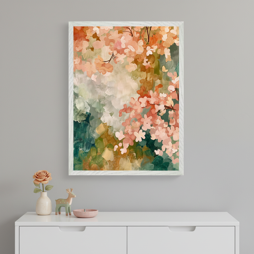 Modern room with a white dresser. A large framed abstract painting of pink cherry blossoms with green and orange accents hangs centered above the dresser.