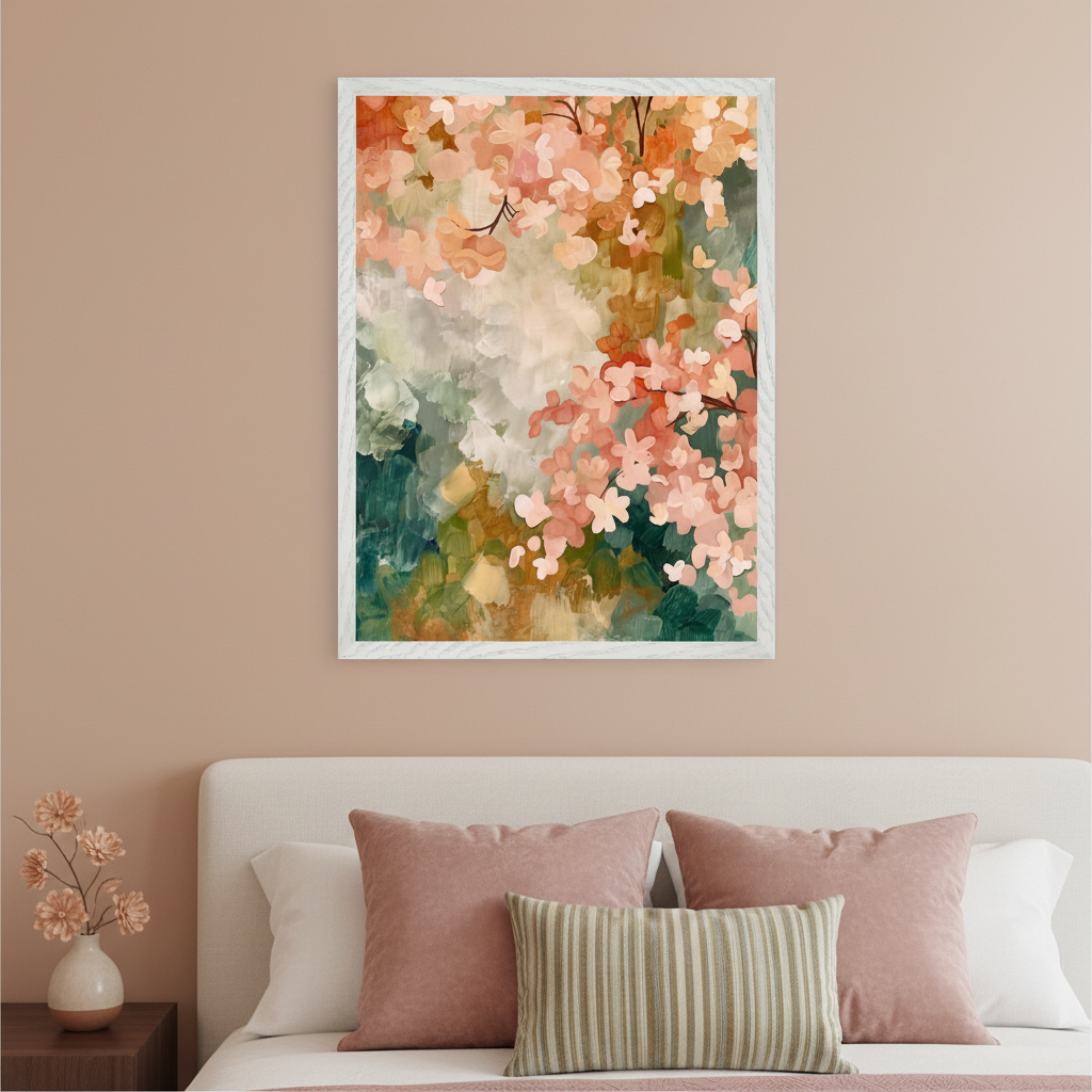 Modern bedroom with a white upholstered bed and a dark wood nightstand. A framed abstract floral painting with pink blossoms and green and gold brushstrokes hangs above the bed.