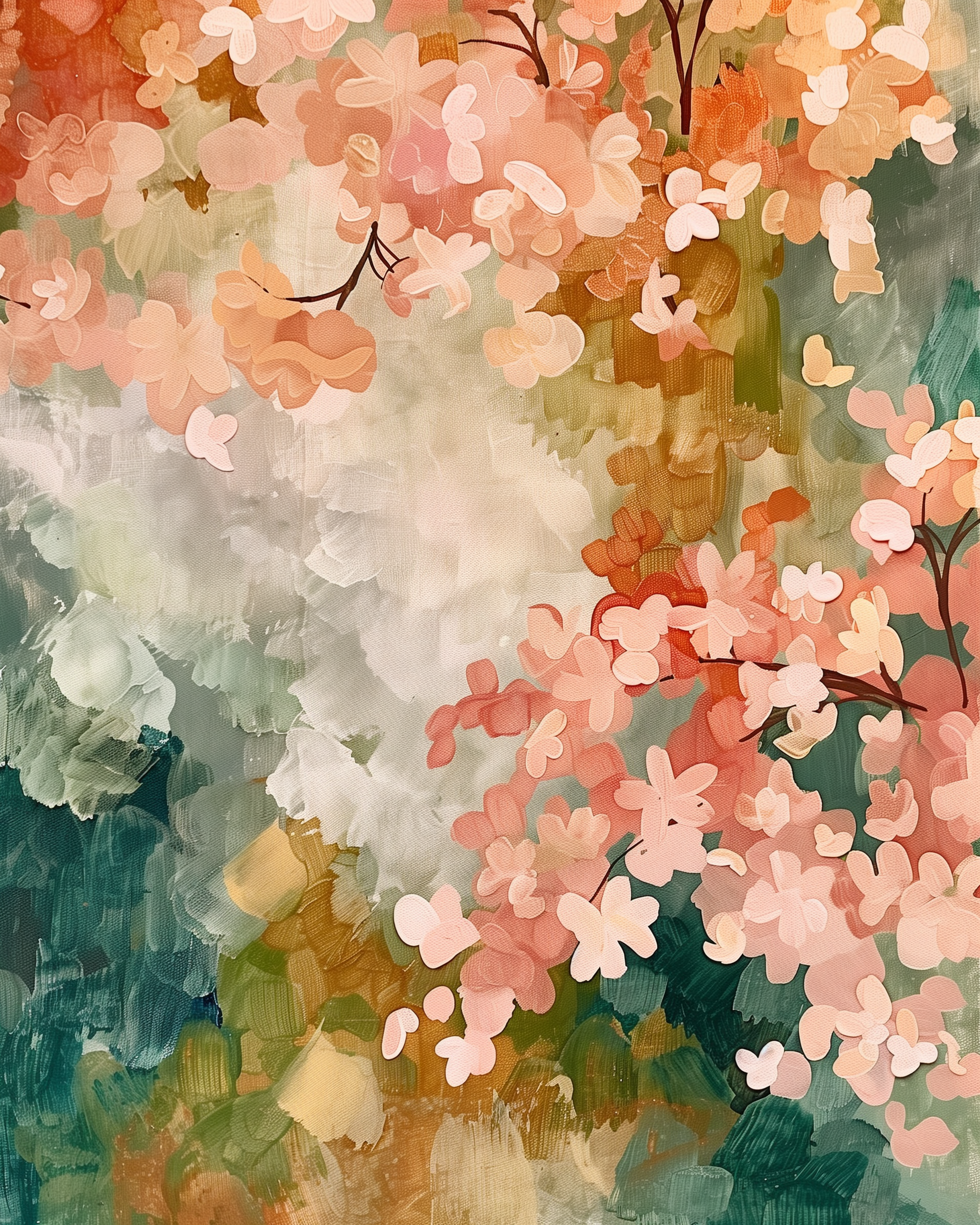 Impressionistic painting with swirling brushstrokes in earthy greens, golden yellows, and coral pinks, featuring clusters of stylized cherry blossoms with layered petals.
