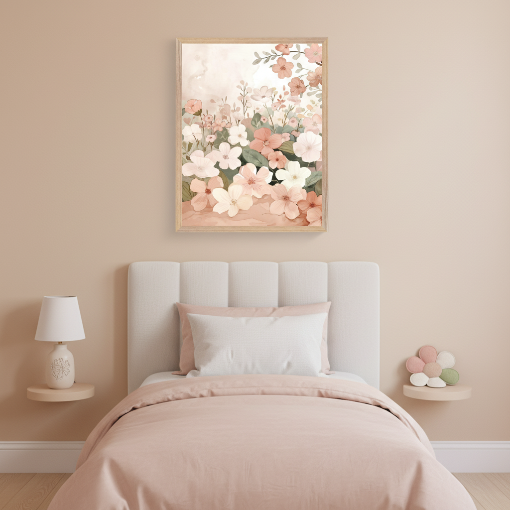 Minimalist bedroom with a single bed and padded headboard. A framed watercolor painting of pink, white, and peach flowers hangs centered above the headboard. Two round shelves flank the bed, one with a lamp, the other with decorative flower-shaped cushions.