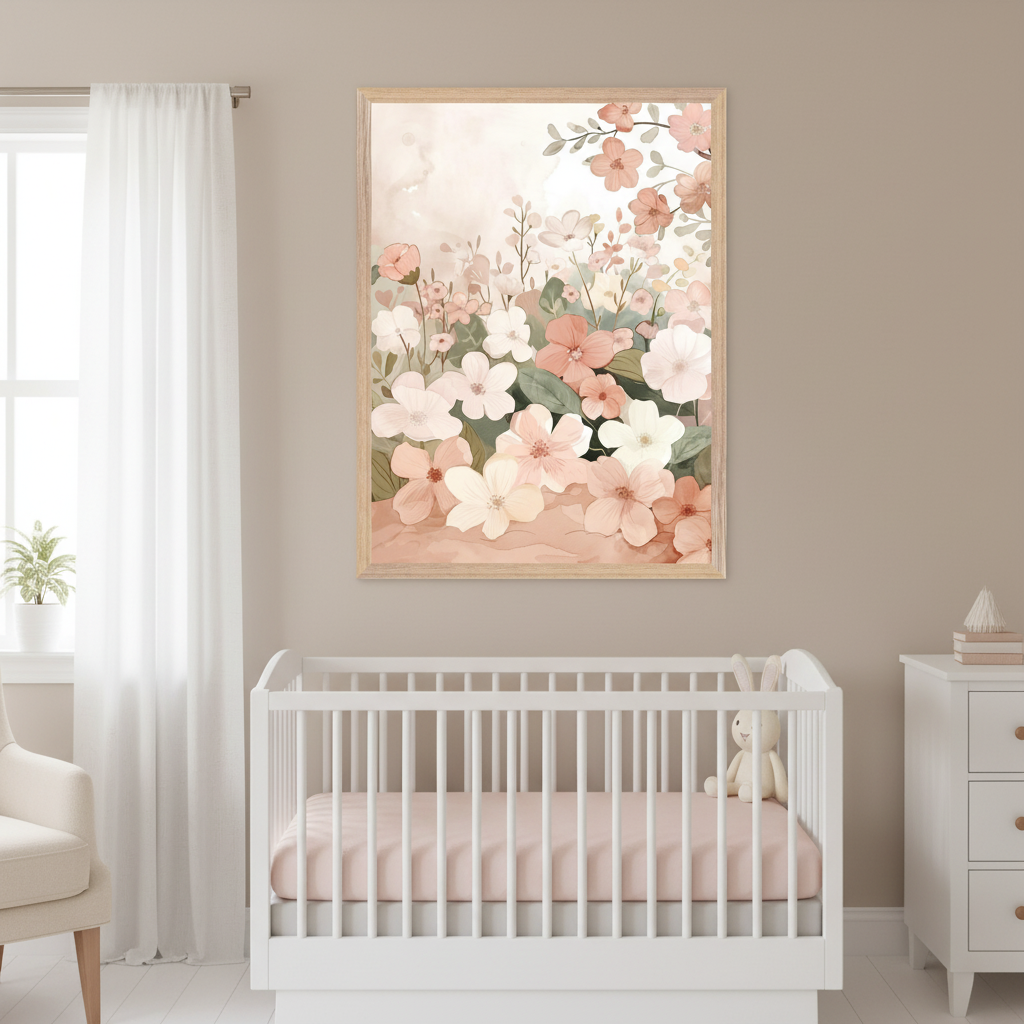 Modern nursery with white crib and dresser against a taupe wall. Above the crib hangs a framed watercolor print of a field of pink, peach, and white flowers.