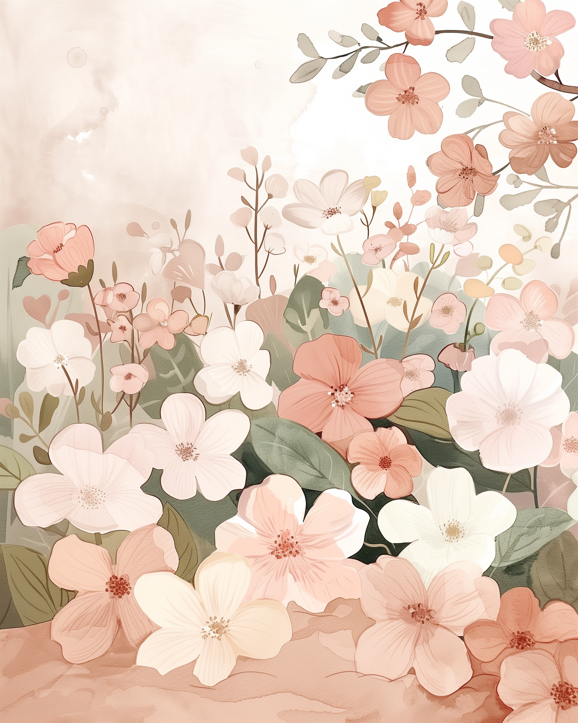  Delicate illustration of a garden filled with soft pink, white, and peach flowers with leafy green foliage, set against a pale blush background.
