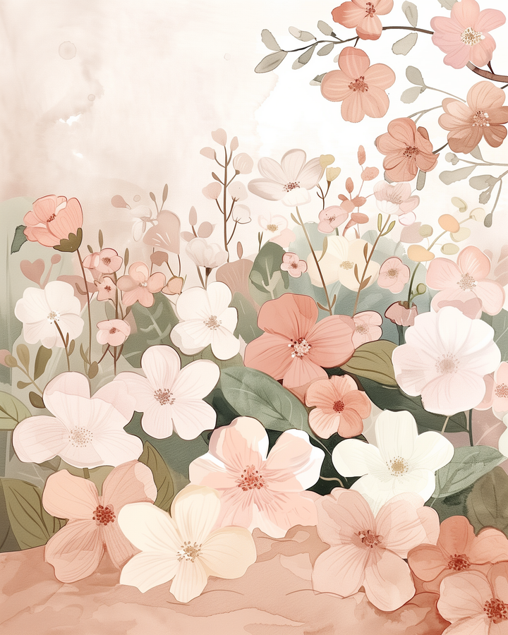  Delicate illustration of a garden filled with soft pink, white, and peach flowers with leafy green foliage, set against a pale blush background.
