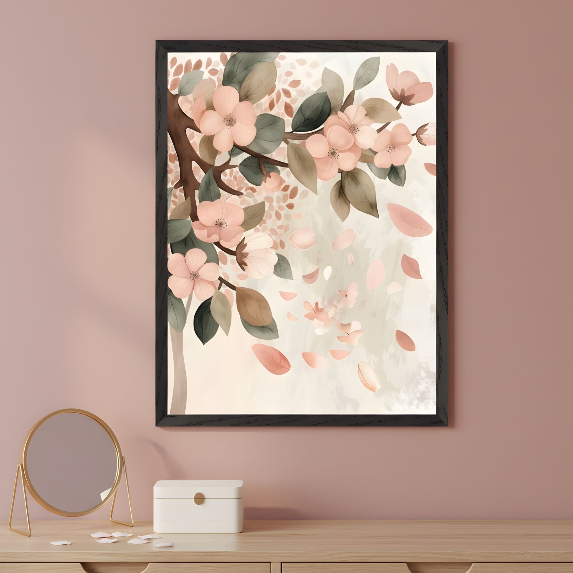 Framed floral wall art featuring a delicate branch with soft pink blossoms and muted green leaves, with petals gently floating down against a pale background. The artwork evokes a serene spring breeze and blends harmoniously with the rose-toned wall. Below, a small round mirror and a white jewelry box add to the room’s elegant and feminine feel.