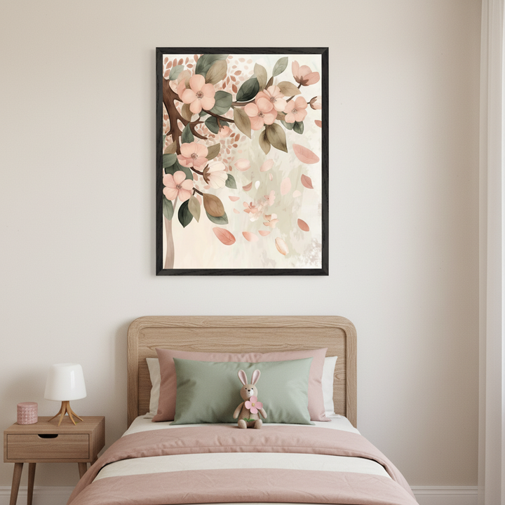 Kid's bedroom with a wooden single bed, pink and mint pillows, and a bunny plush. A wooden nightstand with a lamp is left of the bed. Centered above the bed hangs a framed watercolor painting of a tree branch with pink blossoms, green leaves, and falling petals.