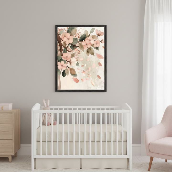 Nursery with a white crib, light wood dresser, and pink armchair. A black-framed watercolor painting of pink flowers and leaves on branches, with falling petals, hangs above the crib on a gray wall.