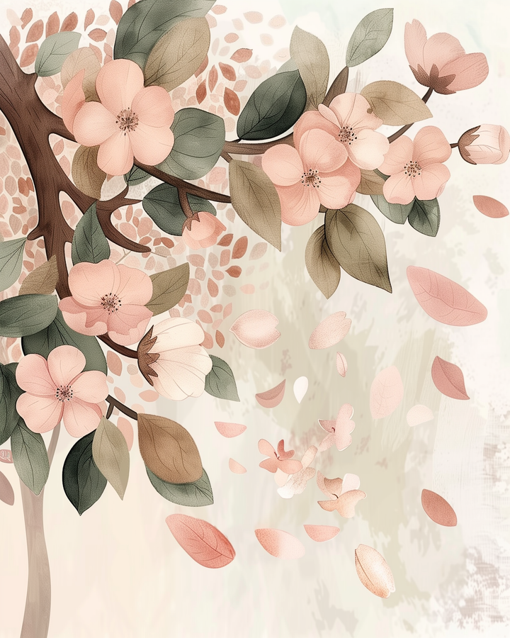 Stylized cherry blossom branch with soft peach-colored flowers and green leaves, as petals drift gently through the air.