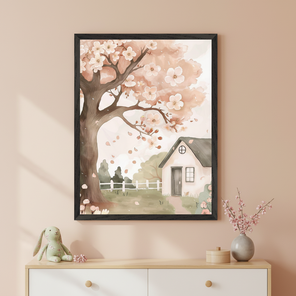 Soft-toned kid's room with a white and light wood dresser. A black-framed watercolor print of a cherry blossom tree shedding petals next to a small white cottage hangs centered above. A stuffed bunny and vase of blossoms sit on the dresser.