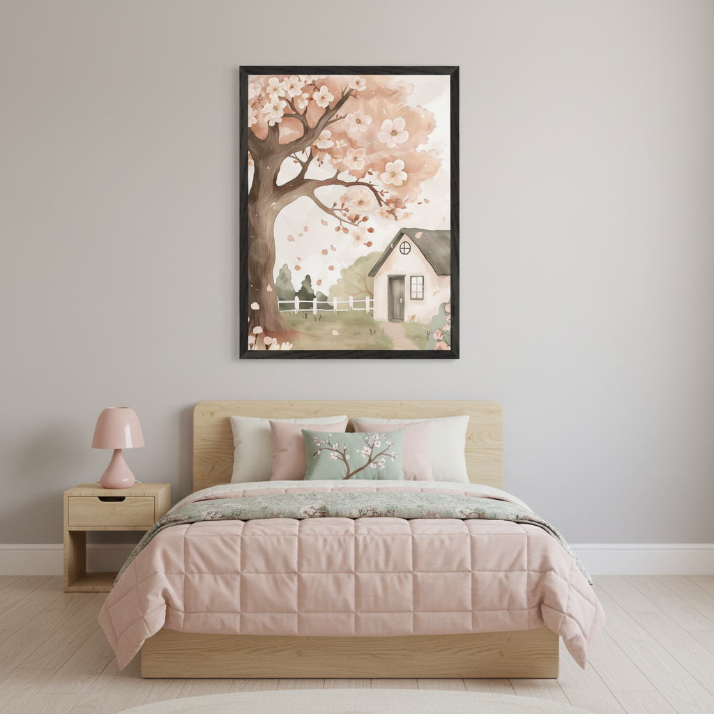 Modern bedroom with a wooden bed, pink duvet, and nightstand with a pink lamp. Above the bed hangs a large framed watercolor print depicting a cherry blossom tree, a small house, and a white fence in a spring scene.