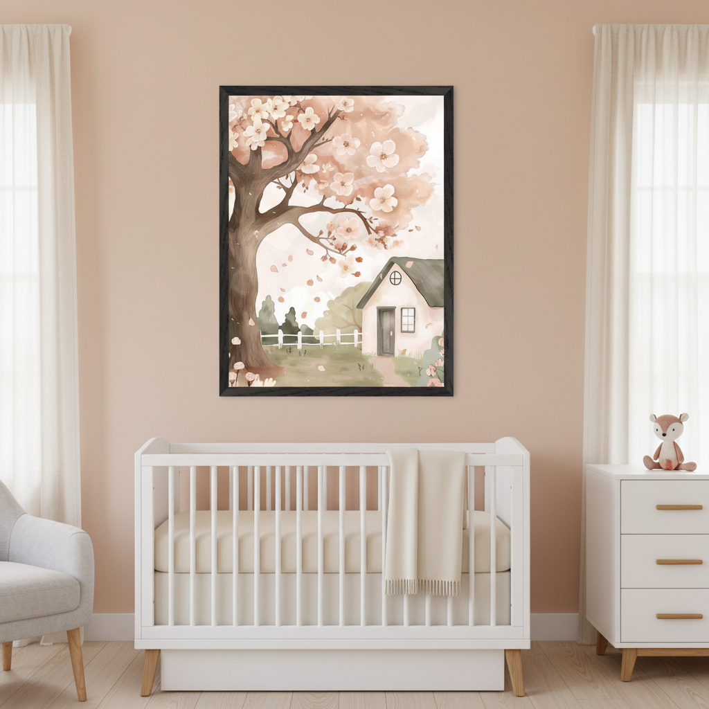 Modern nursery with a white crib, dresser, and gray armchair. A large framed watercolor of a small house under a blossoming tree hangs above the crib, left of the dresser.