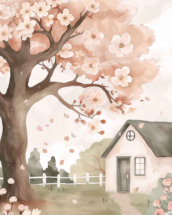 Charming scene of a blossoming tree with large pink flowers next to a small white cottage with a green roof, surrounded by a garden and picket fence.
