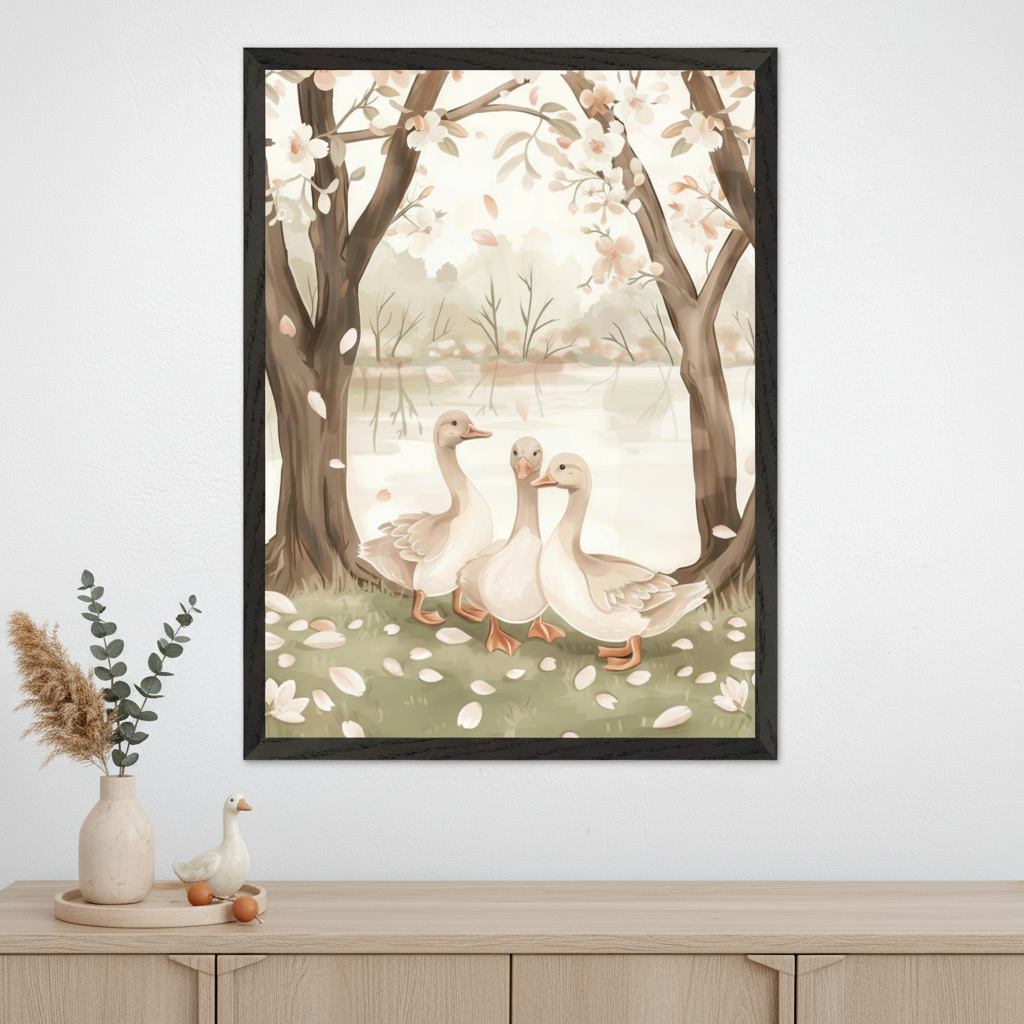 Modern living room with a light wood sideboard. A large, black-framed watercolor illustration of three white geese by a pond under blossoming trees with white petals on the grass hangs centered above the sideboard.