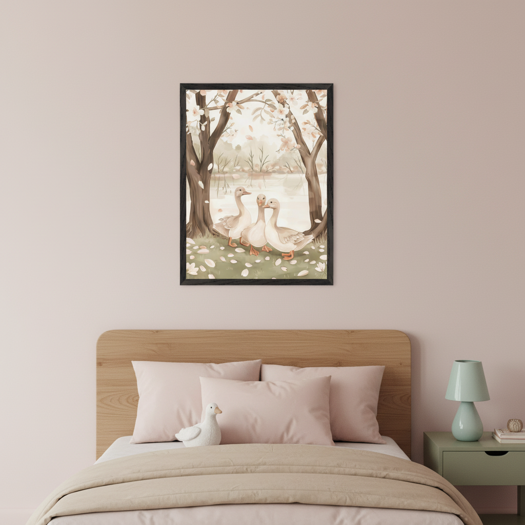 Modern bedroom with a wooden bed, pink pillows, and a beige duvet. A light green nightstand with a lamp is on the right. A framed watercolor painting of three geese by a pond with trees and petals hangs above the bed.