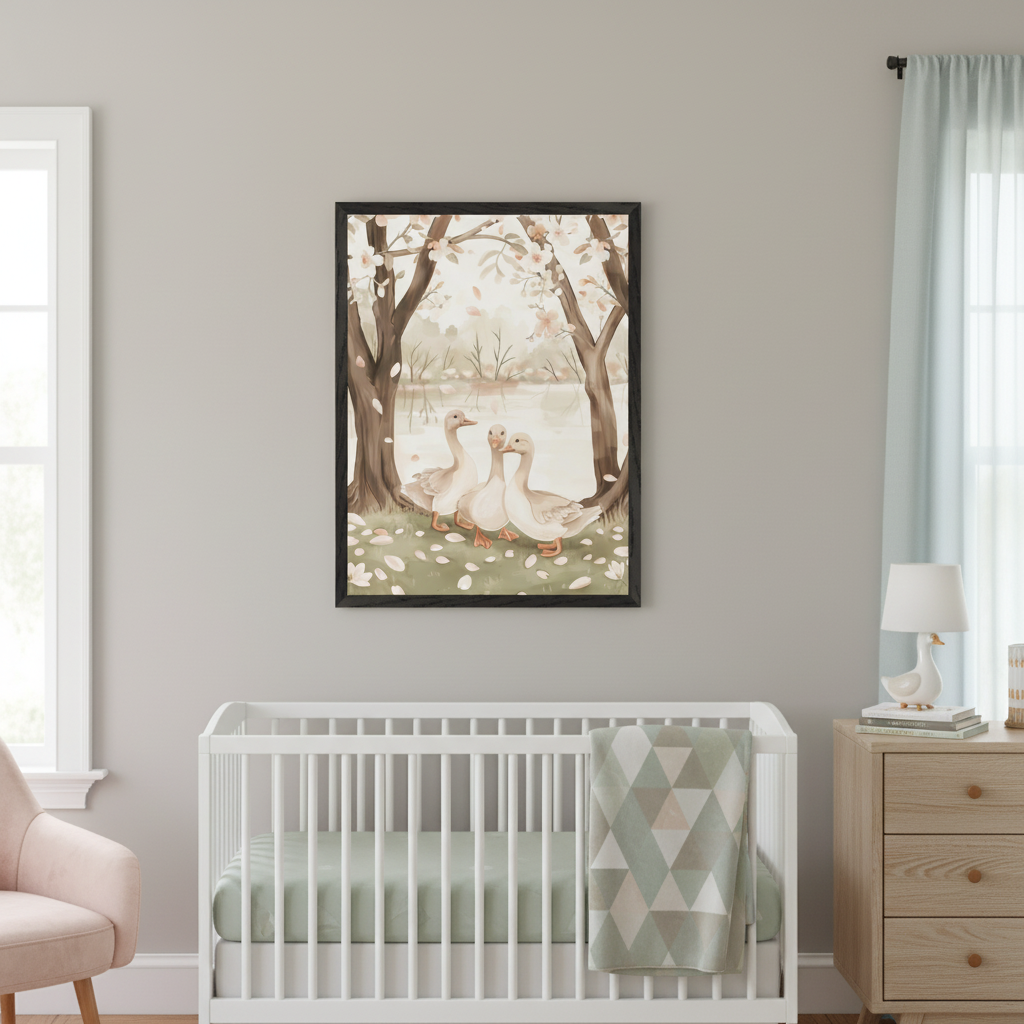 Modern nursery with a white crib, light pink armchair, and wooden dresser. A black-framed print of three geese by a pond under blossoming trees in an illustrative style hangs above the crib.