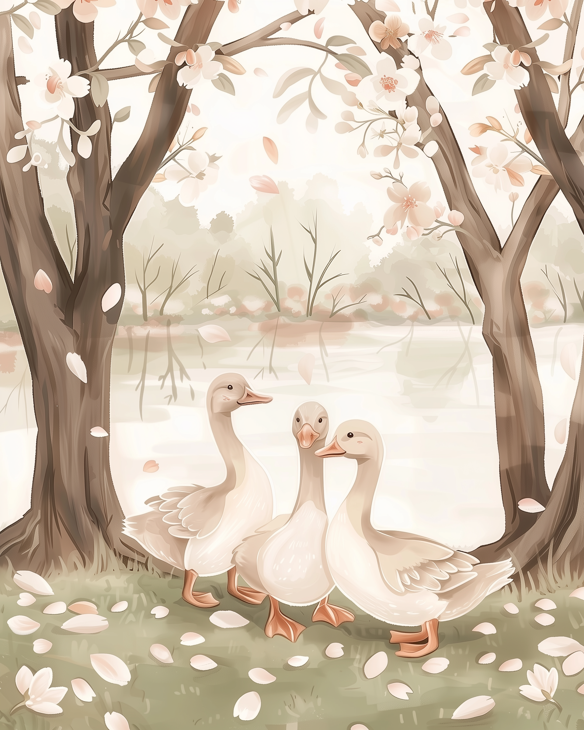 Gentle illustration of three white ducks standing on grass by a quiet pond, surrounded by cherry blossom trees shedding petals in the breeze.
