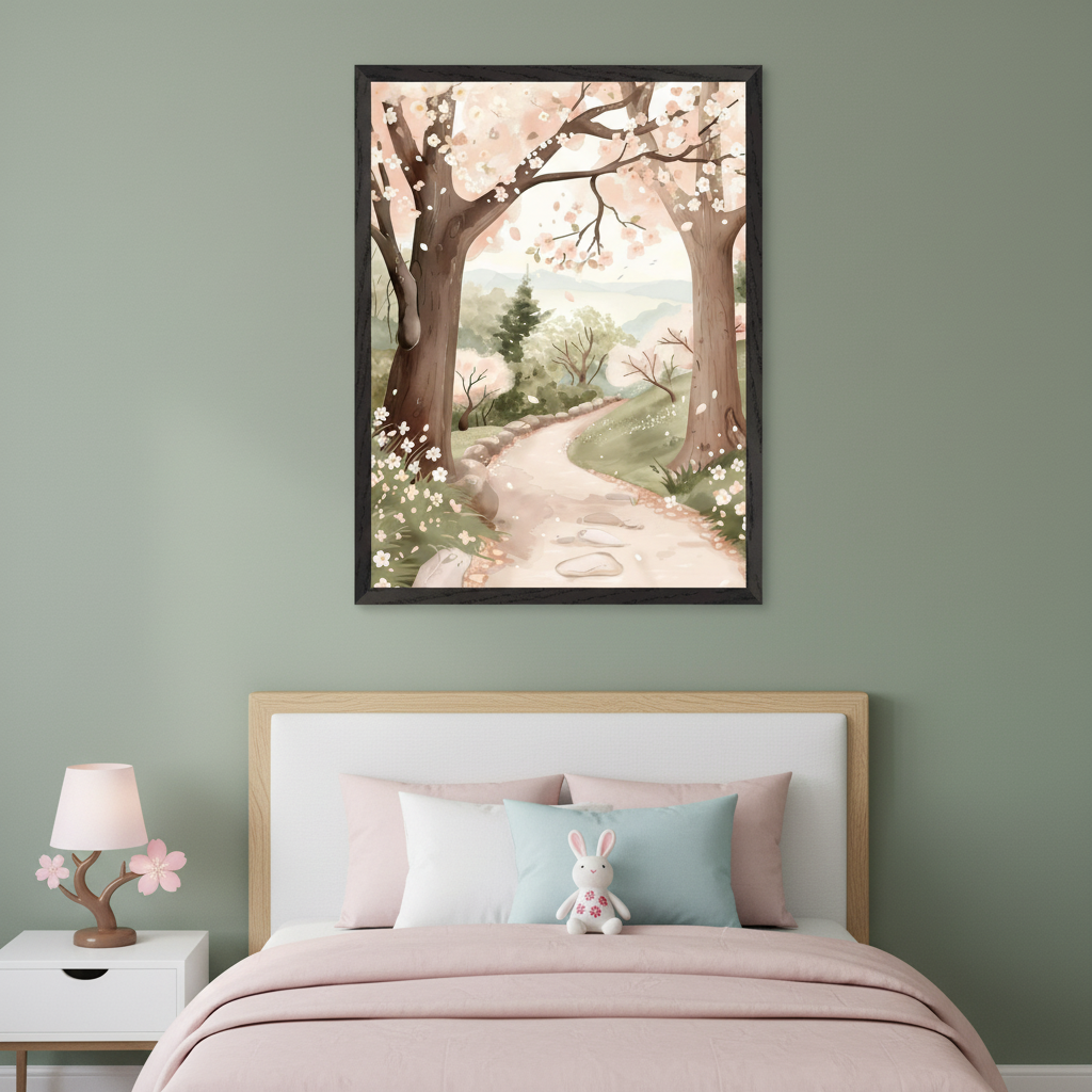 Kid's bedroom with a light wood bed, white headboard, pink bedding, and white and light blue pillows. A white nightstand with a pink floral lamp sits left. A framed watercolor print of a winding path through a spring forest with cherry blossoms and scattered flowers hangs centered above the bed.