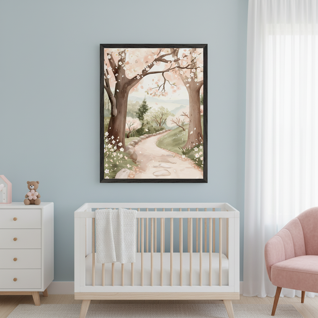 Modern nursery with a black-framed watercolor art of a spring park with cherry blossom trees and a path, centered above a white crib and dresser. A pink armchair is on the right.