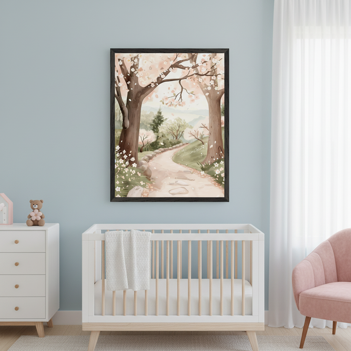 Modern nursery with a black-framed watercolor art of a spring park with cherry blossom trees and a path, centered above a white crib and dresser. A pink armchair is on the right.