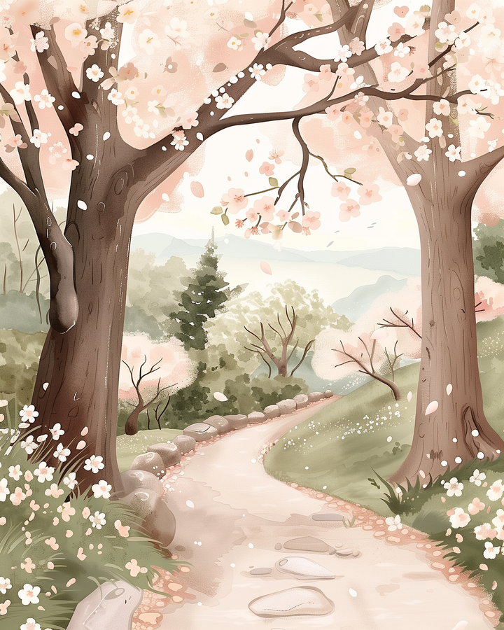 Serene forest path lined with large cherry blossom trees and wildflowers, winding toward distant hills under a soft pastel sky.
