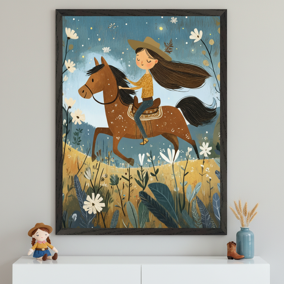 Modern children's room with a white dresser. A large, black-framed print hangs centered above it, depicting a whimsical illustration of a girl in a cowboy hat riding a brown horse through a field of white and yellow wildflowers under a starry blue sky.