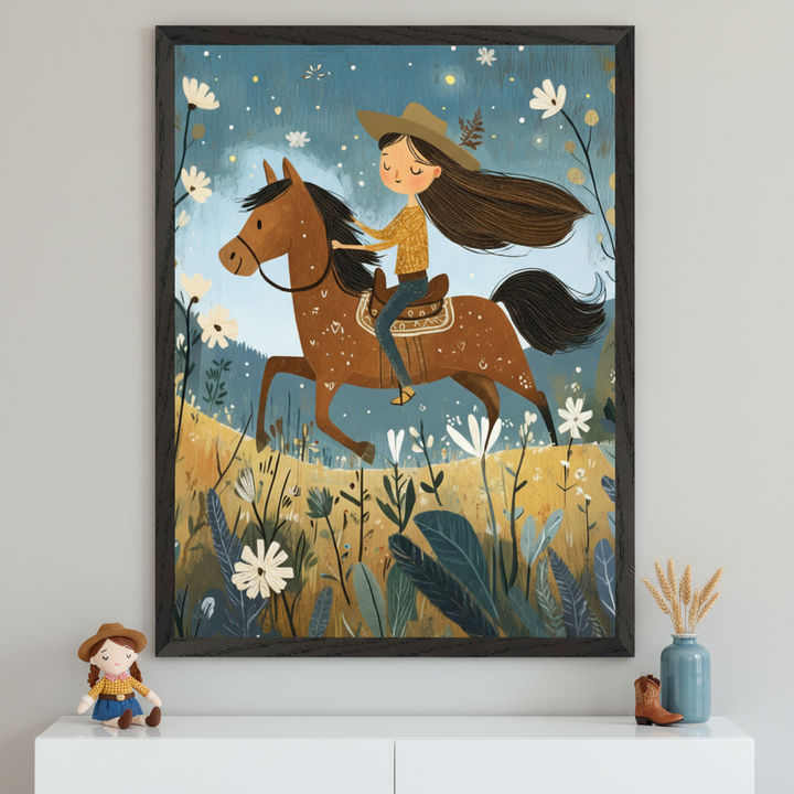 Modern children's room with a white dresser. A large, black-framed print hangs centered above it, depicting a whimsical illustration of a girl in a cowboy hat riding a brown horse through a field of white and yellow wildflowers under a starry blue sky.