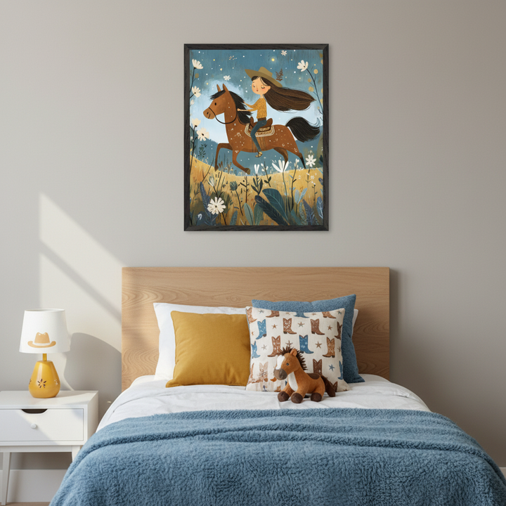Kid's bedroom with a light wood bed and white nightstand. A framed whimsical illustration of a girl riding a brown horse through a flower-filled field at night hangs above the bed.