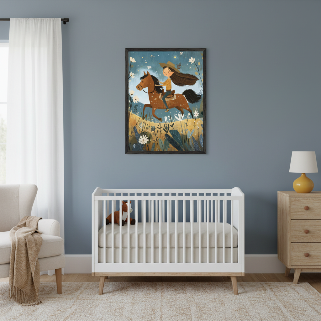 Modern nursery with a white crib, beige armchair, and wood dresser. A framed illustration of a girl riding a horse through a starry, flowery field hangs on the blue wall above the crib.