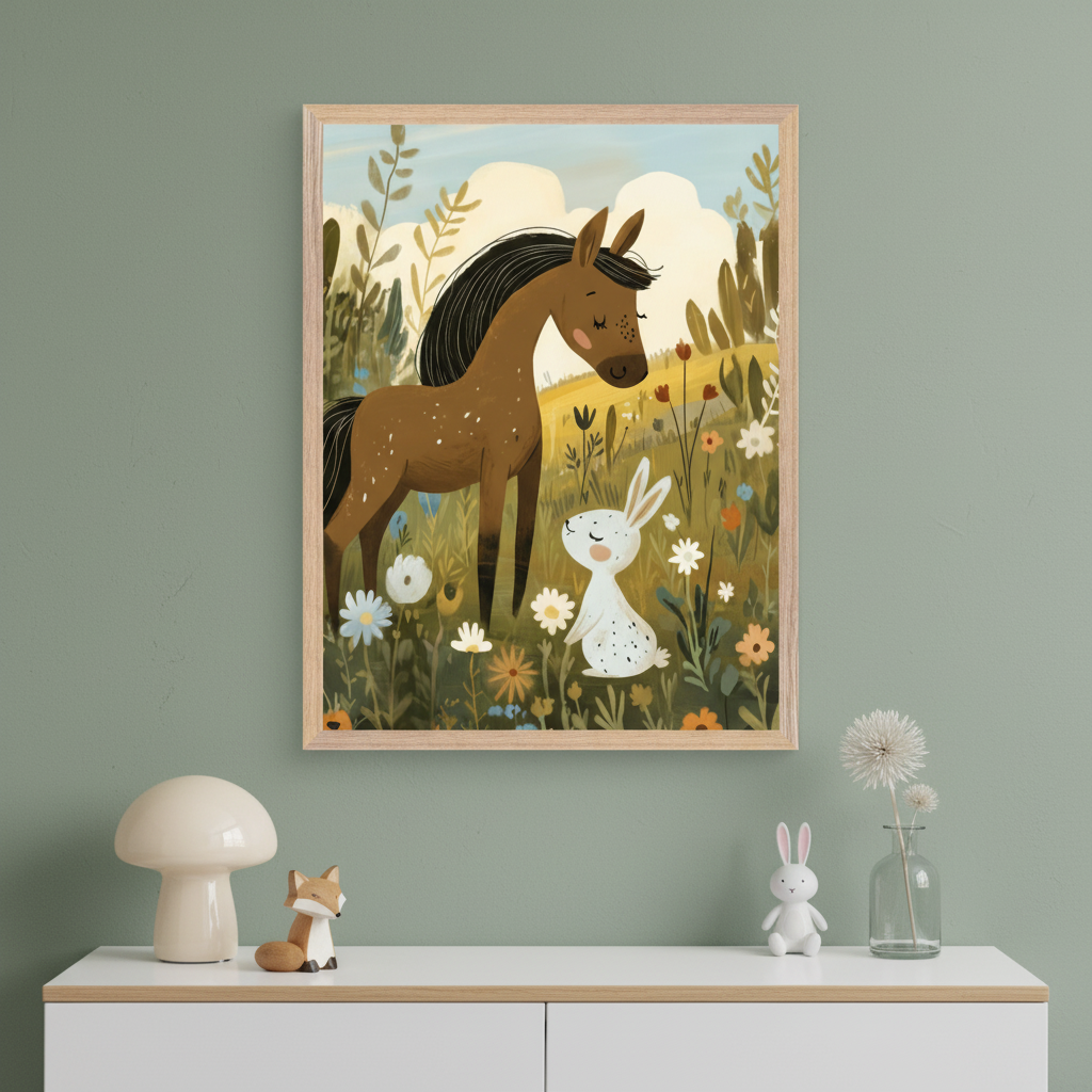 Modern kid's room with a sage green wall. A framed whimsical illustration of a brown horse and a white rabbit in a wildflower field hangs above a white dresser. A mushroom lamp, wooden fox, and white rabbit figurine are on the dresser.