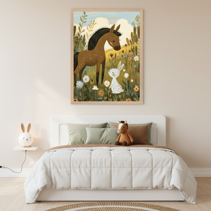 Kid's bedroom with a white single bed. A large framed illustration of a brown horse and a white bunny in a flower field hangs centered above the bed. A bunny lamp sits on a shelf to the left.
