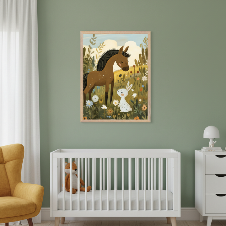Modern nursery with a white crib, yellow armchair, and white dresser. A framed illustration of a brown horse and a white rabbit in a flowery field hangs on the green wall above the crib.