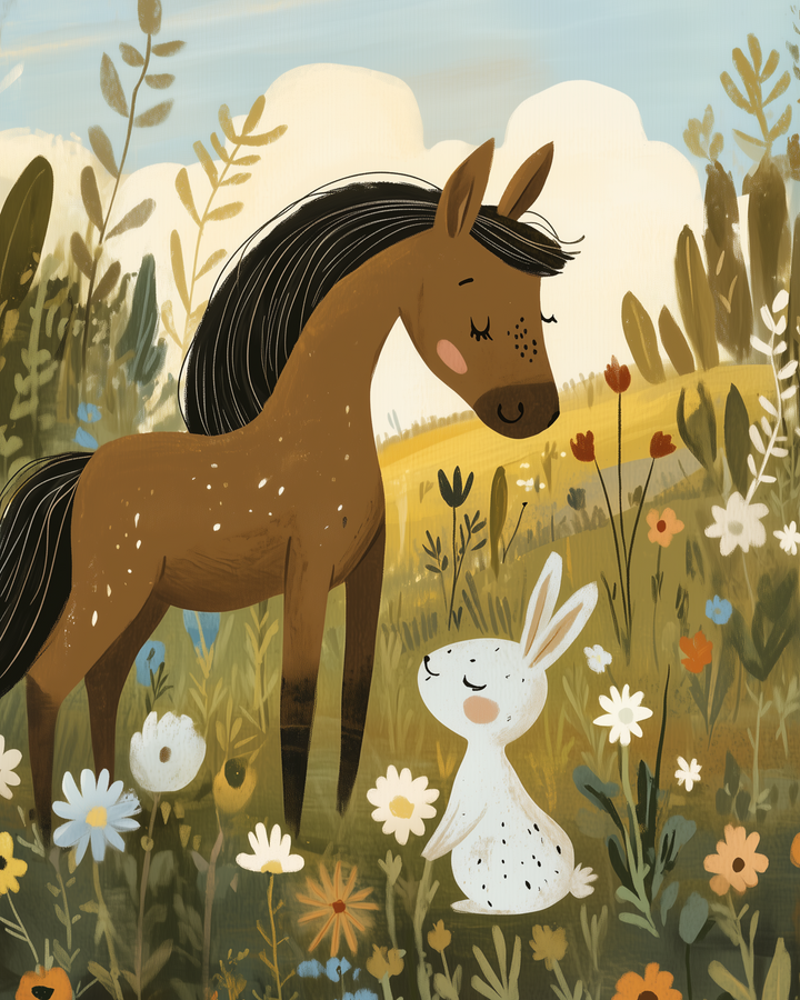 Gentle scene of a brown horse and a white bunny with closed eyes sharing a peaceful moment in a flower-filled field under a soft blue and golden sky.
