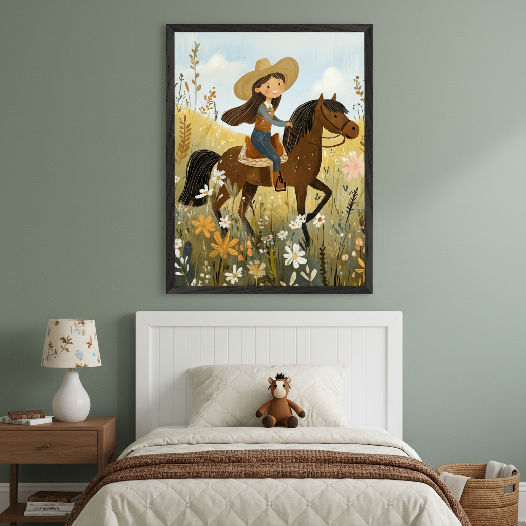 Kid's bedroom with a white bed and wooden nightstand. A large framed illustration of a smiling girl in a cowboy hat riding a horse through a field of colorful wildflowers hangs centered above the bed.