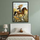 Kid's bedroom with a white bed and wooden nightstand. A large framed illustration of a smiling girl in a cowboy hat riding a horse through a field of colorful wildflowers hangs centered above the bed.