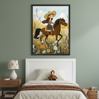 Kid's bedroom with a white bed and wooden nightstand. A large framed illustration of a smiling girl in a cowboy hat riding a horse through a field of colorful wildflowers hangs centered above the bed.