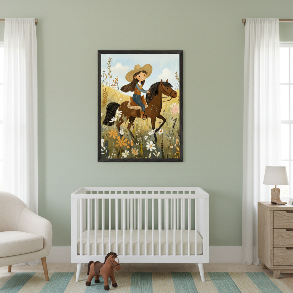 Modern nursery with light green walls. An illustrative print of a girl in a cowboy hat riding a horse through wildflowers hangs centered above a white crib. A cream armchair sits left, a wooden dresser right. A horse toy is on the striped rug.
