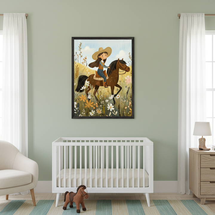 Modern nursery with light green walls. An illustrative print of a girl in a cowboy hat riding a horse through wildflowers hangs centered above a white crib. A cream armchair sits left, a wooden dresser right. A horse toy is on the striped rug.