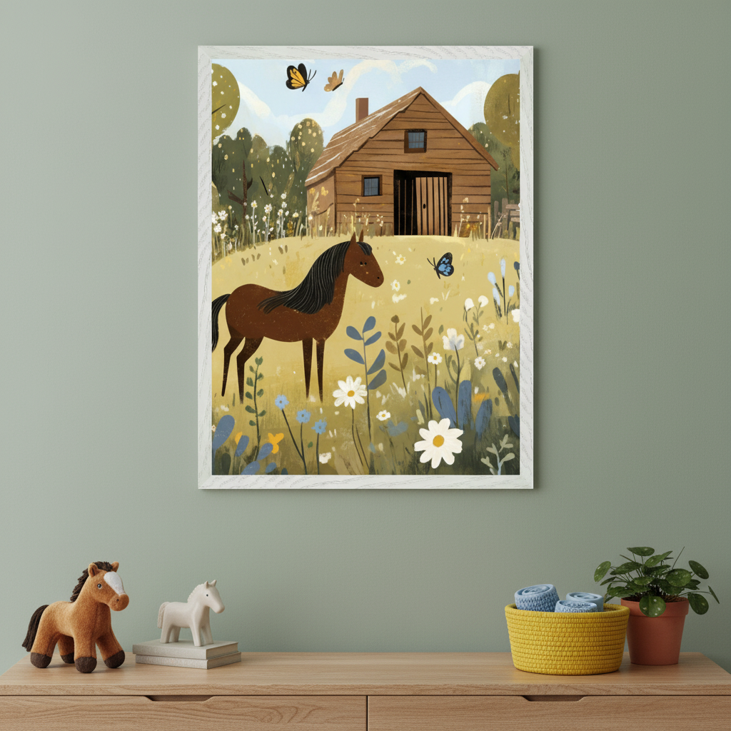 Kid's room with a light wood dresser against a green wall. A white-framed illustration of a brown horse in a flower field with a barn and butterflies hangs above the dresser. Plush horse, ceramic horse, basket with blue towels, and potted plant on dresser.