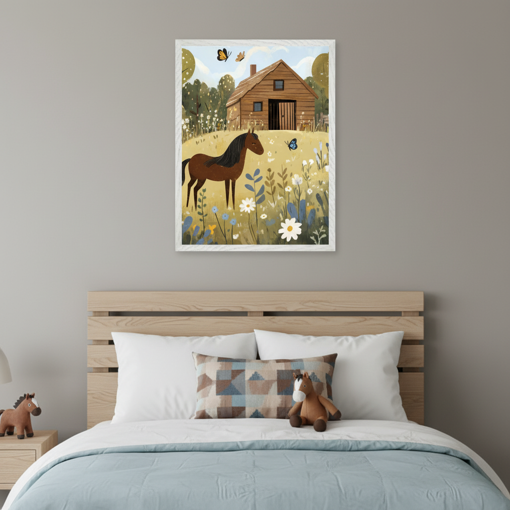 Kid's bedroom with a light wood bed frame, white pillows, a patterned pillow, and a light blue duvet. A framed illustration of a brown horse in a field with flowers, butterflies, and a wooden barn hangs centered above the bed. A horse plush toy is on the bed and another on a bedside table.