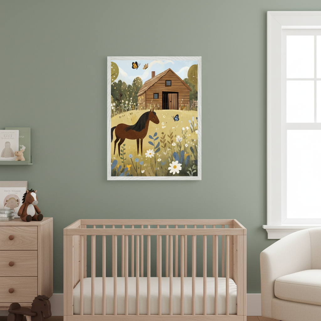 Modern nursery with a light wood crib and dresser. On a sage green wall, a framed illustration of a brown horse, butterflies, and a barn in a wildflower field hangs centered above the crib.