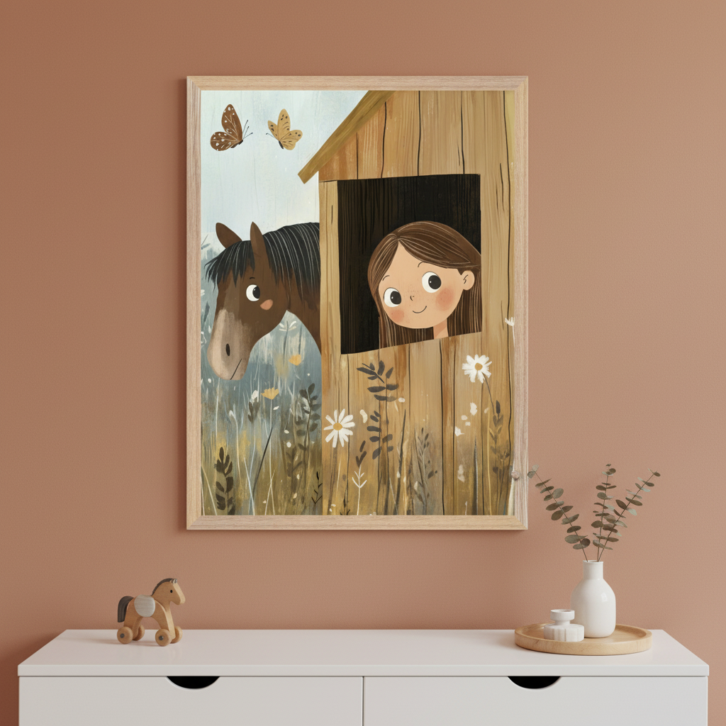 Kid's bedroom with terracotta walls. A framed illustration of a girl looking from a barn window at a horse, with butterflies and flowers, hangs above a white dresser. A wooden toy horse and vase are on the dresser.