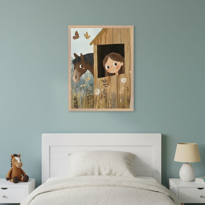 Kid's bedroom with a white bed and nightstands against a teal wall. A framed whimsical illustration of a girl and a brown horse in a wooden window, with butterflies and wildflowers, hangs above the bed.