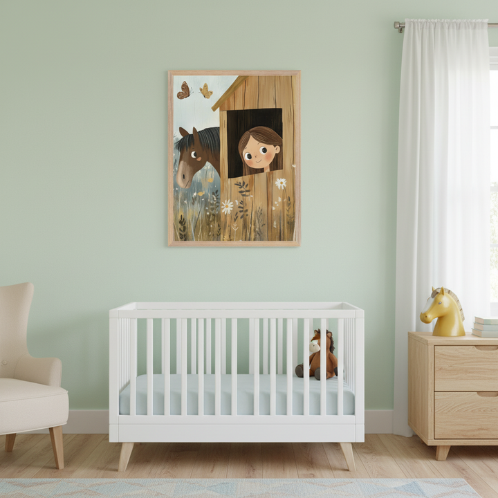Modern nursery with a white crib, beige armchair, and wooden dresser. A framed whimsical illustration of a girl and horse peeking from a wooden stable, surrounded by wildflowers and butterflies, hangs centered above the crib.