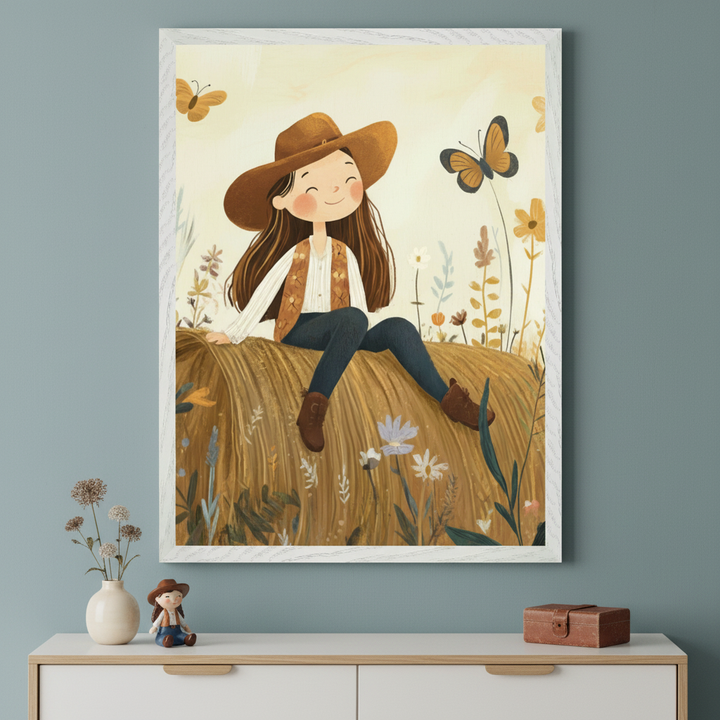 White-framed illustration of a smiling girl in a brown hat and vest, sitting on a hay bale in a field with butterflies and wildflowers. It hangs centered above a white dresser in a modern room.