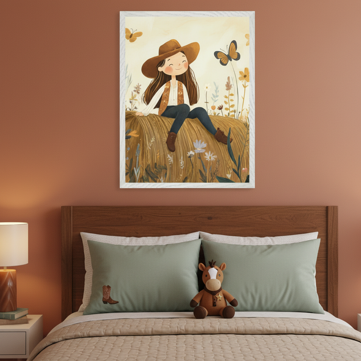 Kid's bedroom with a wooden headboard and bed with green pillows, one featuring a cowboy boot. A large framed cartoon illustration of a smiling girl in a cowboy hat sitting on a hay bale with butterflies and flowers hangs centered above the bed on a terracotta wall.