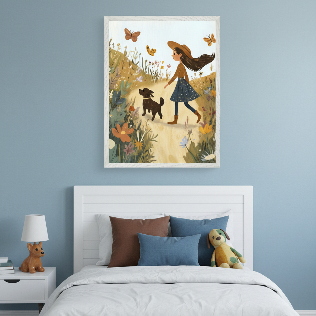 Kid's bedroom with a white bed and slatted headboard. A white nightstand with a dog lamp sits left. Centered above the bed is framed art: a girl in a hat walks a brown dog on a dirt path through wildflowers and butterflies, illustrated.