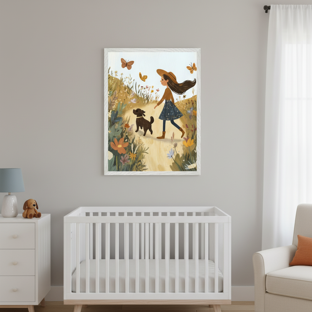 Modern nursery with a framed cartoon illustration of a girl and a dog walking on a flower path with butterflies, centered above a white crib. A white dresser is on the left, and a cream armchair is on the right.