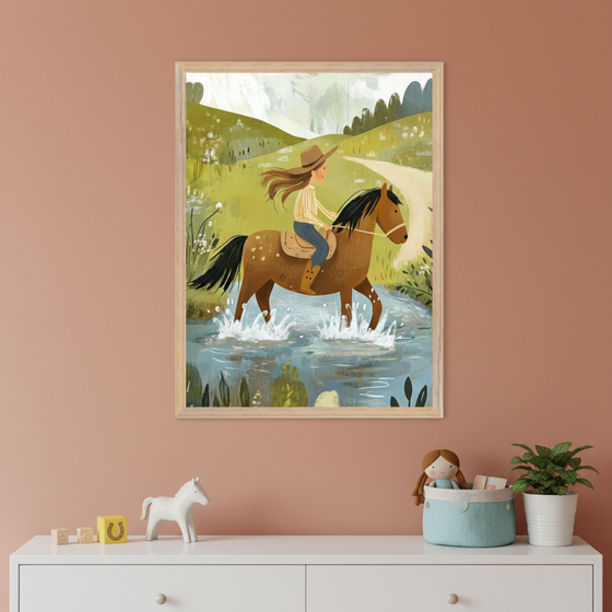 Kid's bedroom with a white dresser. A large framed illustration of a girl in a cowboy hat riding a brown horse through a stream, splashing, hangs centered above the dresser. Toys are on the dresser.
