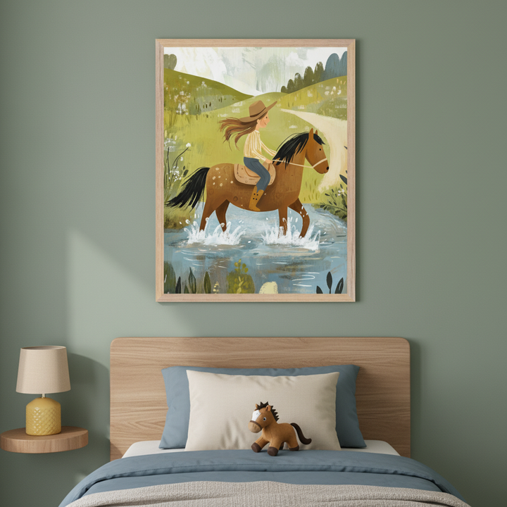 Kid's bedroom with a wooden headboard bed, blue bedding, and a stuffed horse on a beige pillow. A yellow lamp is on a floating nightstand. Above the bed hangs a framed illustration of a child in a cowboy hat riding a brown horse through water in a green, hilly landscape.